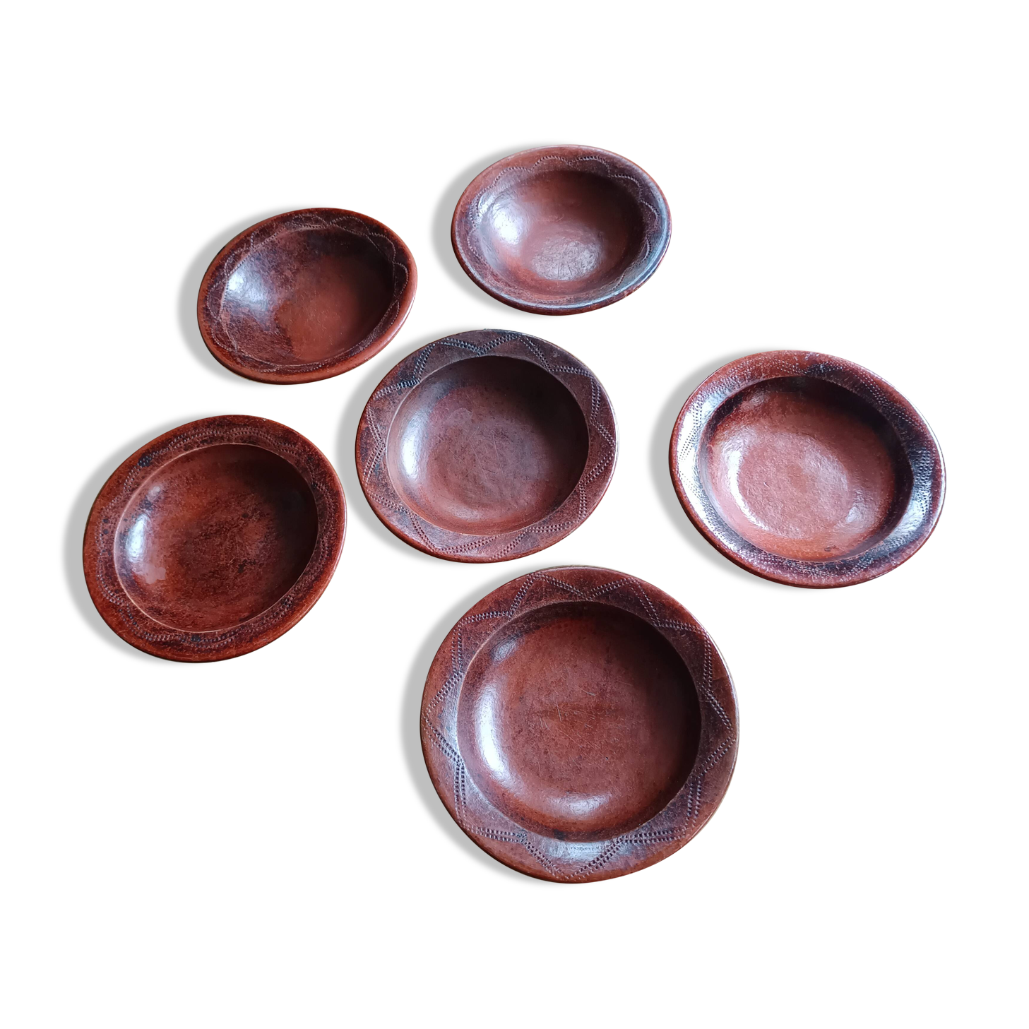 6 antique hand-turned glazed terracotta plates