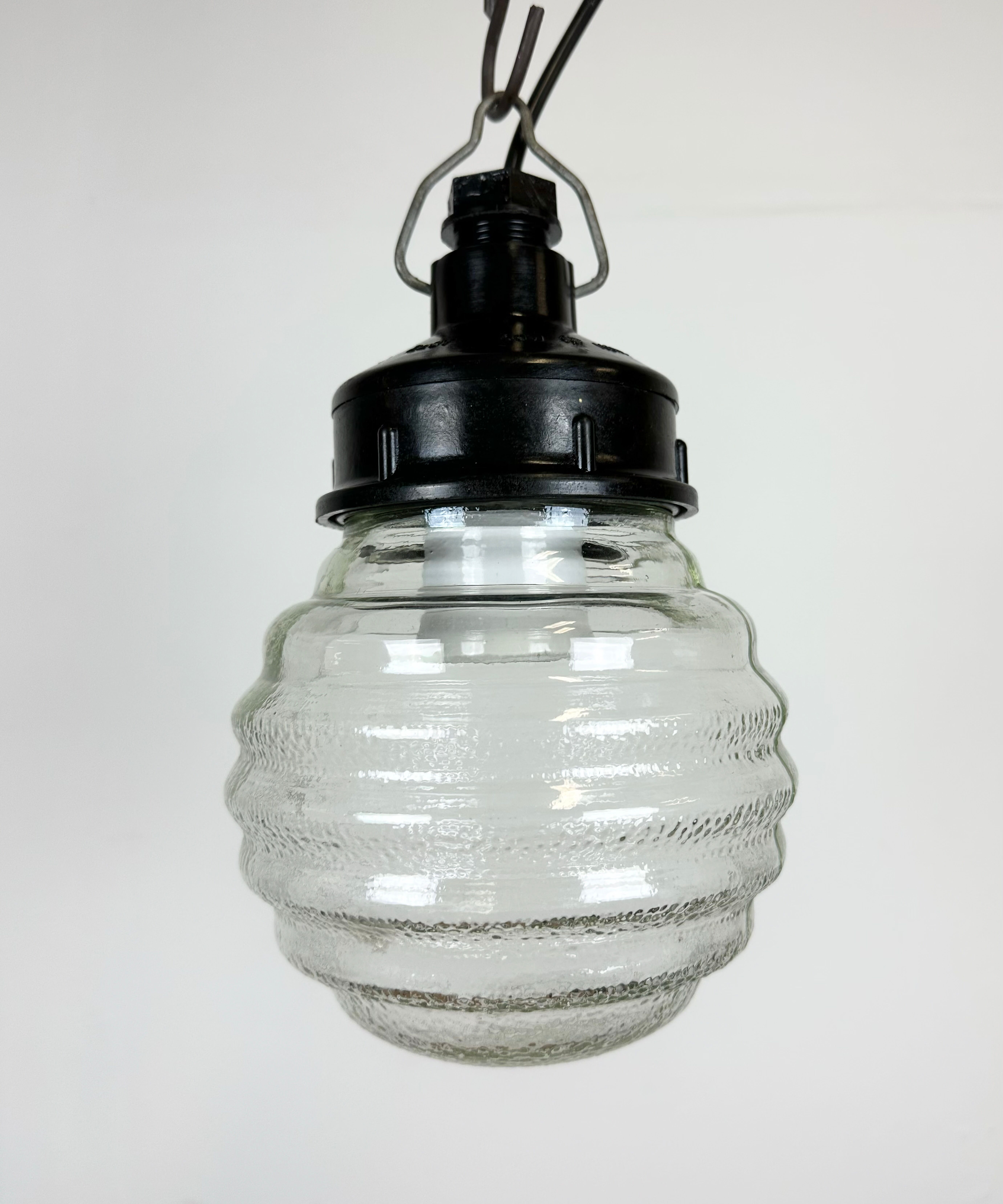 Industrial Bakelite Pendant Light with Ribbed Glass, 1970s