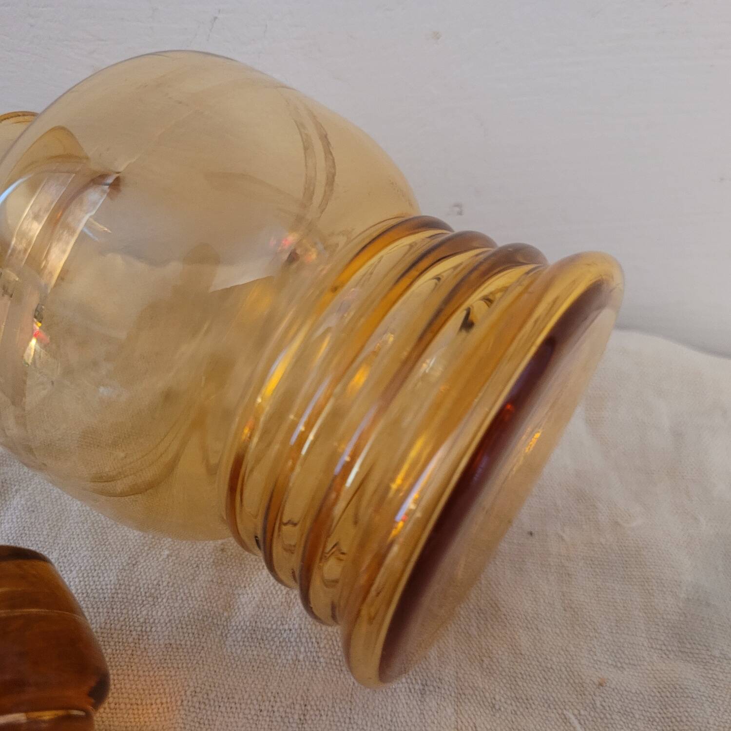 Vintage amber glass carafe with gold trim – 1950s