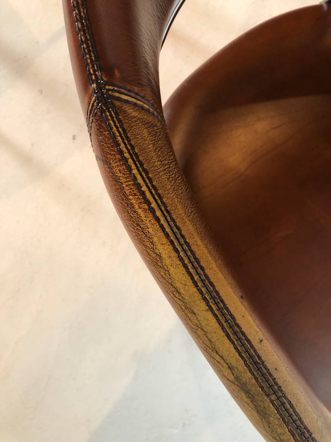 Pair of vintage armchairs, cognac leather and chrome steel 1970