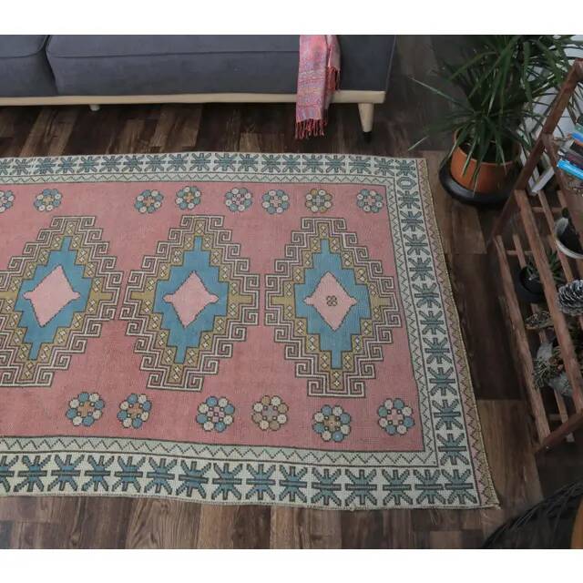 Vintage Turkish Oushak Handmade Pink Wool Rug 122x201