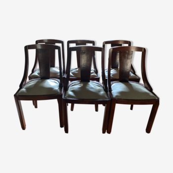 6 chaises de salle à manger d’époque Art Déco en acajou assise cuir blanc
