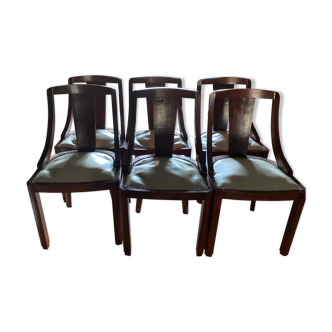 Art Deco period dining chairs in mahogany seating white leather