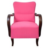 Pair of Art Deco pink armchairs in fabric and wood, 1920s, fully restored.