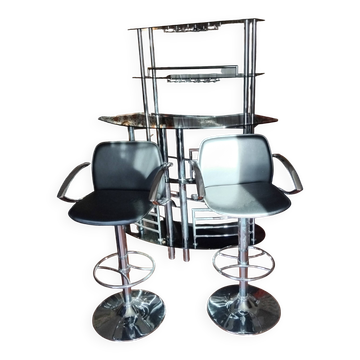 Ensemble Bar étagère verre trempé et 2 tabourets