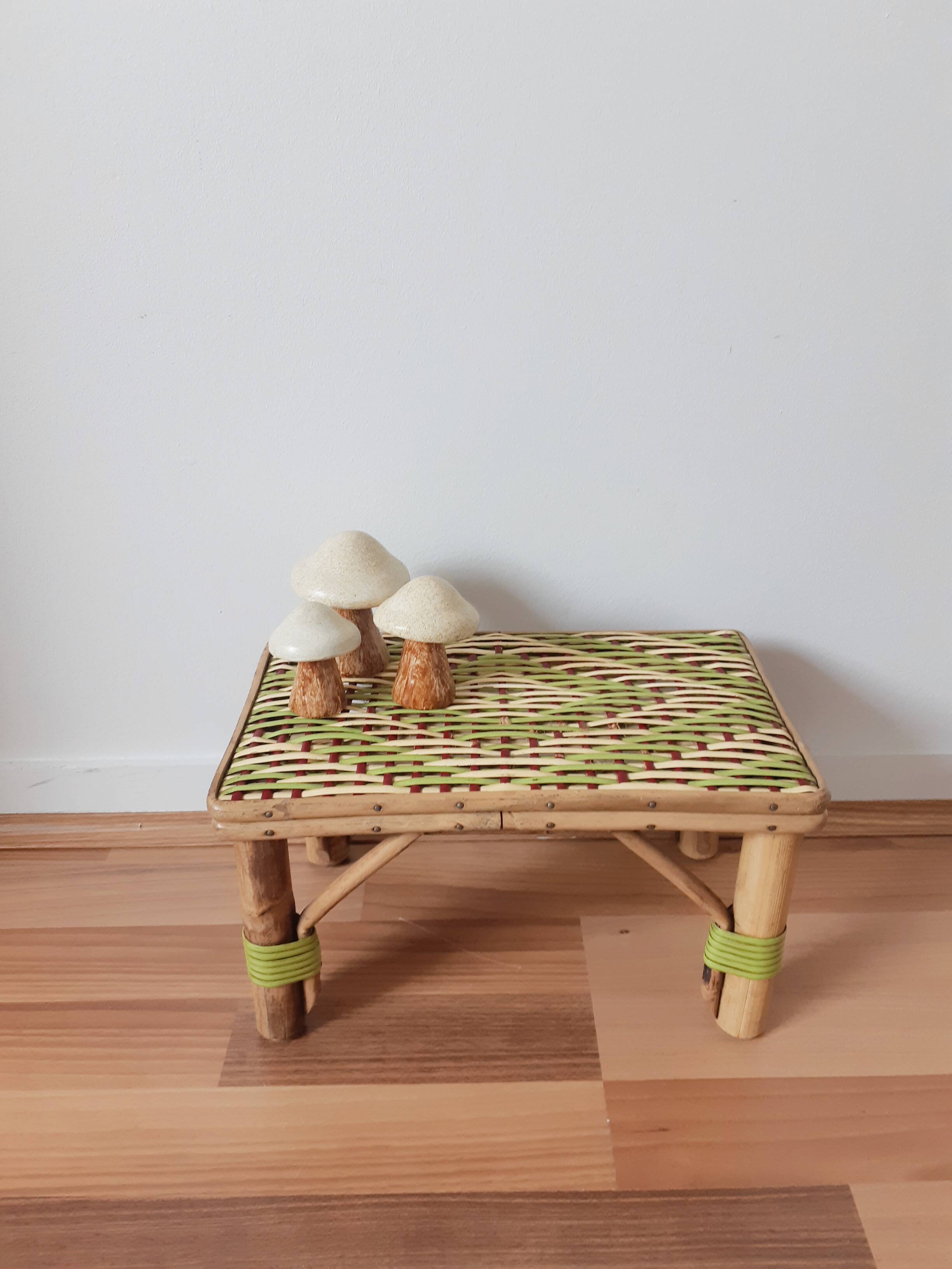 Bench, low wooden and rattan stool, plant holder