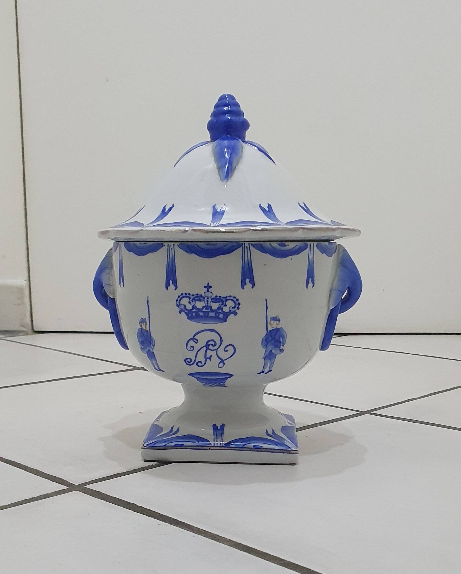 White and blue earthenware candy box