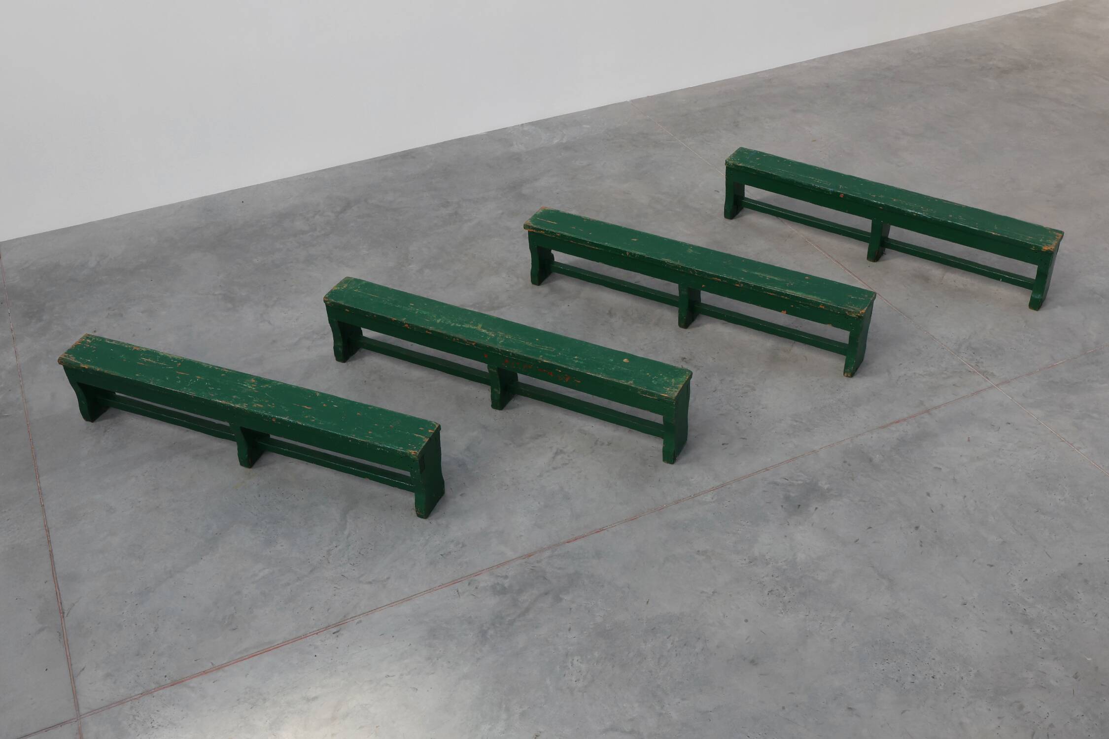 Rustic primitive green farmhouse bench in solid oak, France ca. 1900