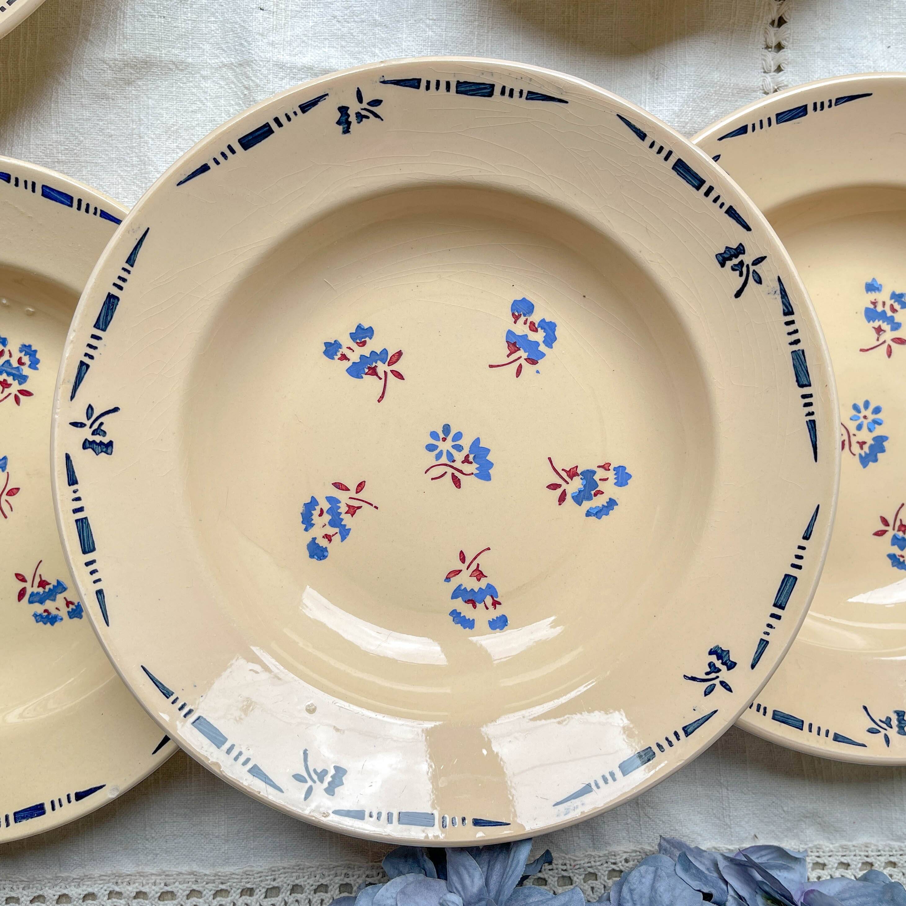 6 vintage K&G Luneville "Flore" porcelain soup plates, 1950s, small blue flowers