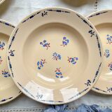 6 vintage K&G Luneville "Flore" porcelain soup plates, 1950s, small blue flowers