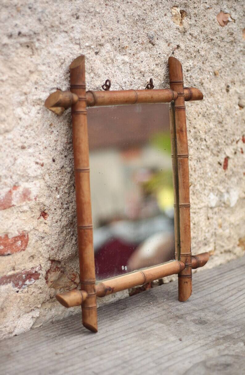 Wooden bamboo imitation mirror, antique mirror, hanging mirror, interior decor