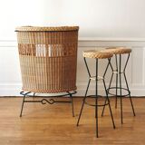Bar and its 2 rattan stools, 1950