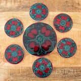 Vintage Jersey Pottery Coaster Set, 1970s Ceramics, Red & Aqua Blue Pattern