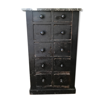 Bahut vintage à tiroirs, bois et marbre