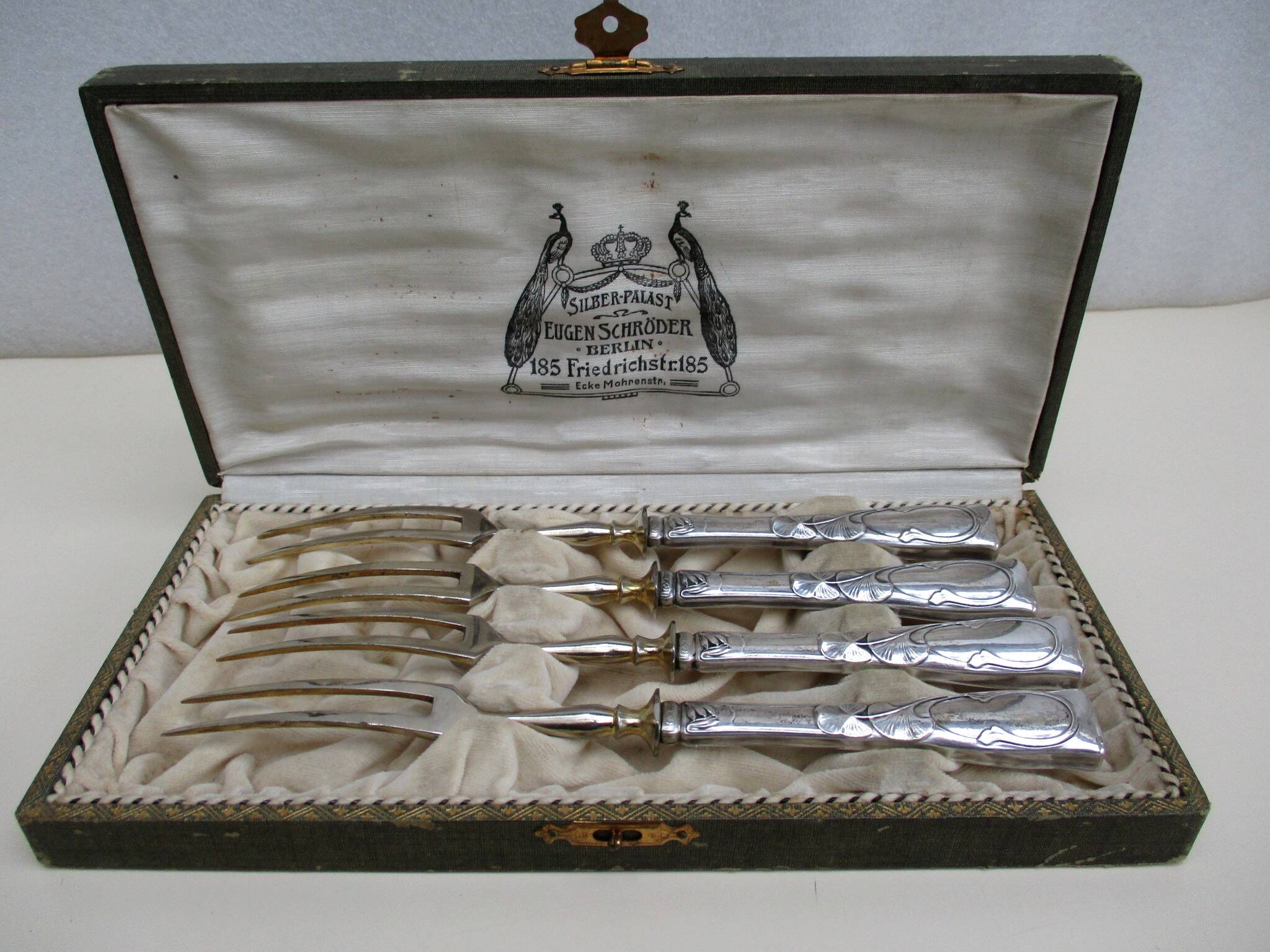 serving forks silver handles germany origin -box of- 4 art nouveau