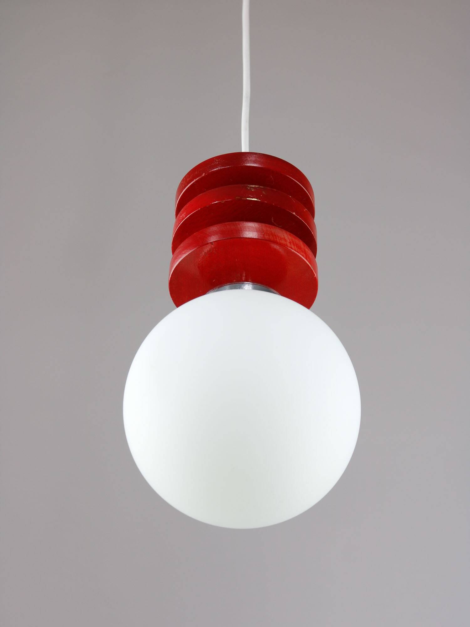 Vintage Italian Red Disc Pendant Lamp In Chrome and Wood, 1970s