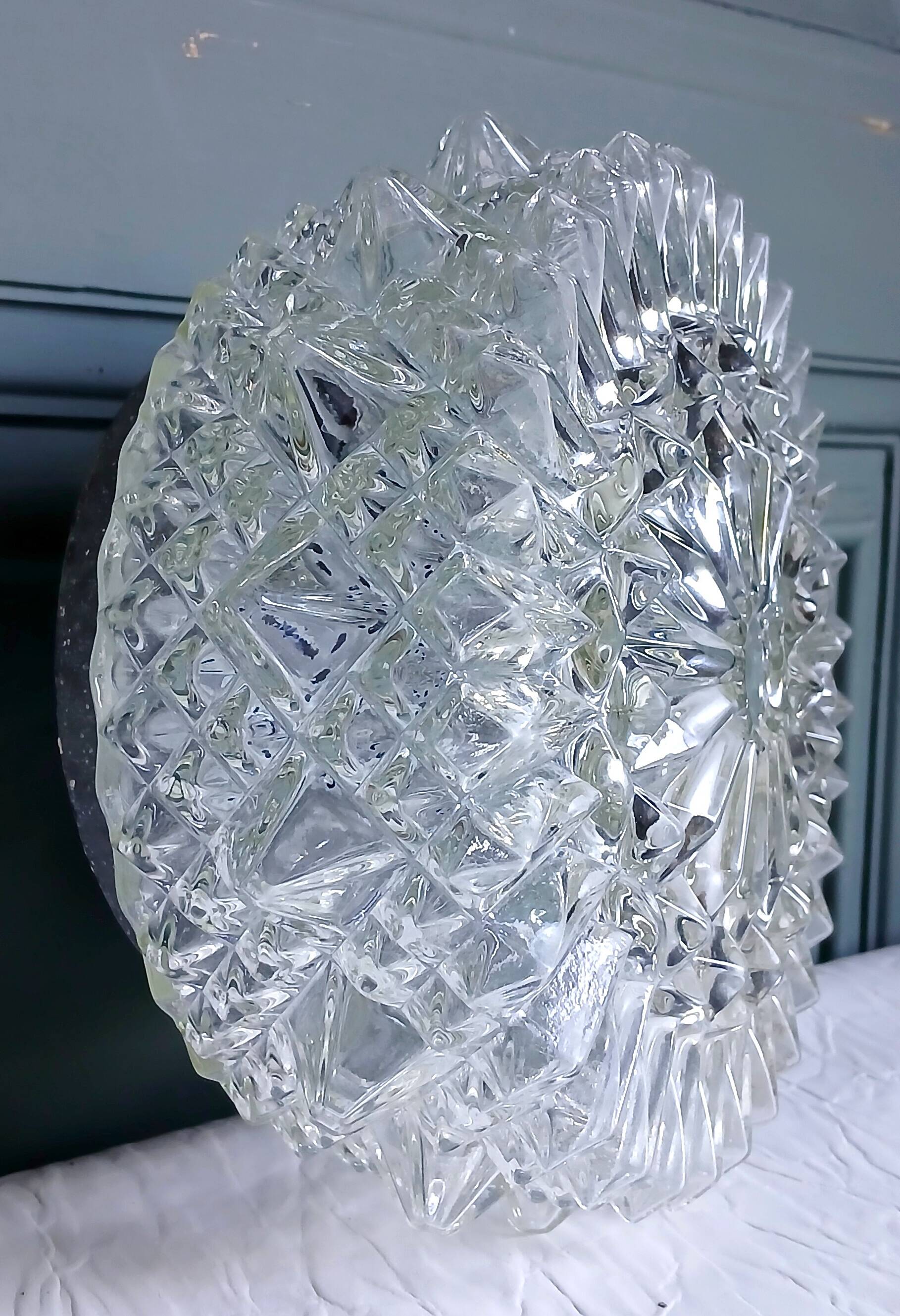 Ceiling light or wall light in moulded glass with diamond point, 1970.
