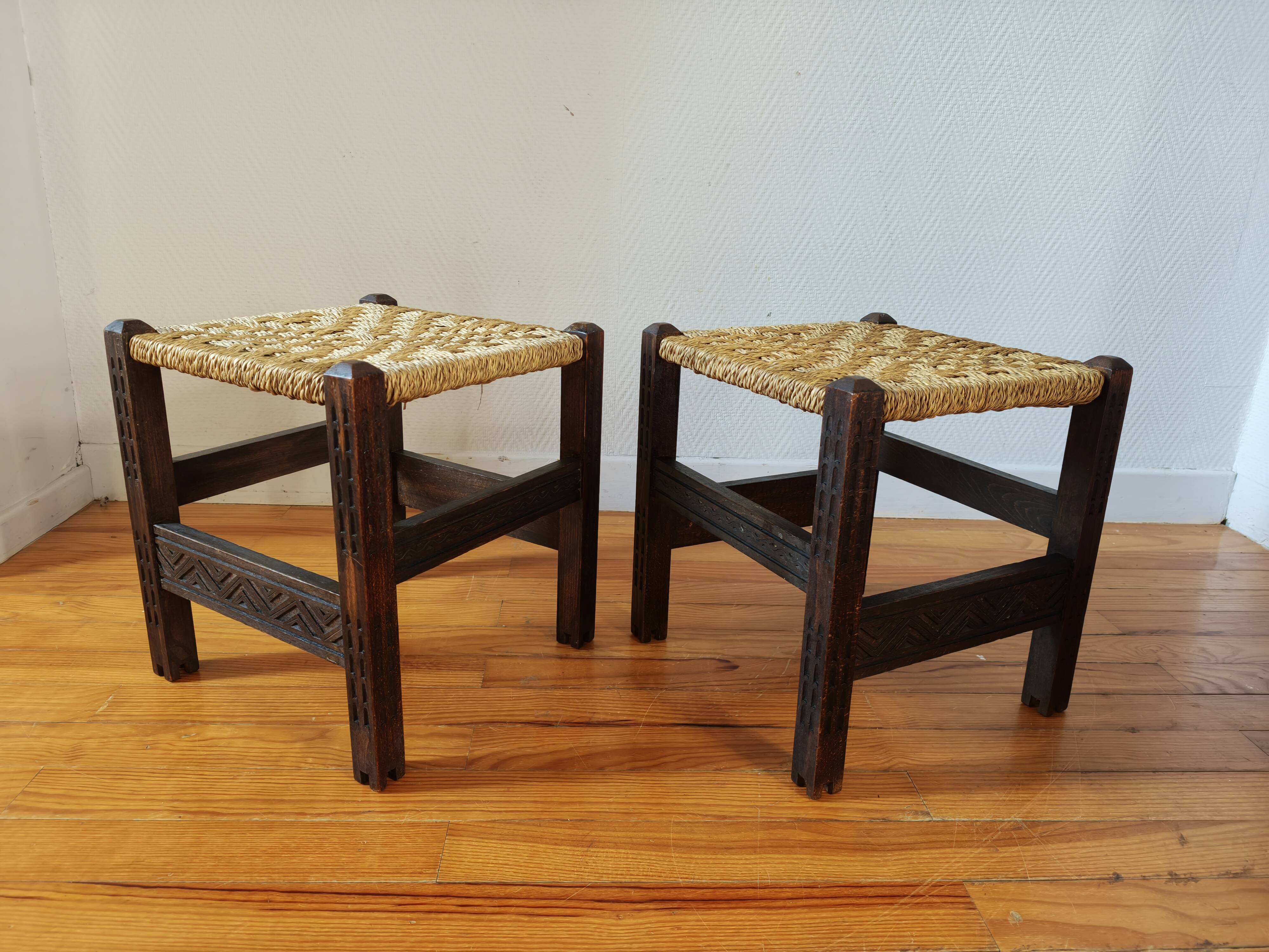 Pair of handcrafted stools from Friuli in carved wood, Italy, circa 1960.