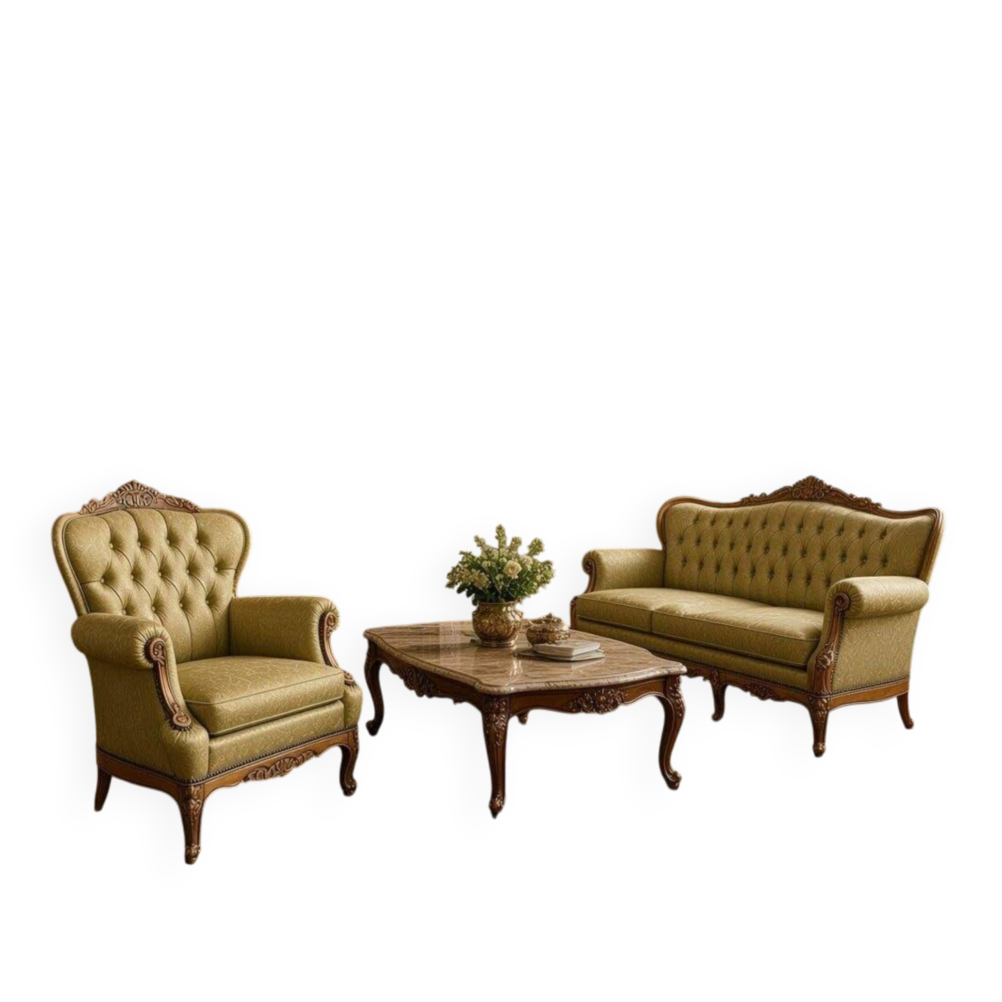 Vintage olive green baroque armchair / single seat / sofa