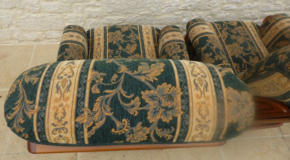 Three French-made cherry wood armchairs covered in velvet