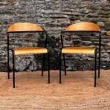 Pair of wooden and black metal chairs