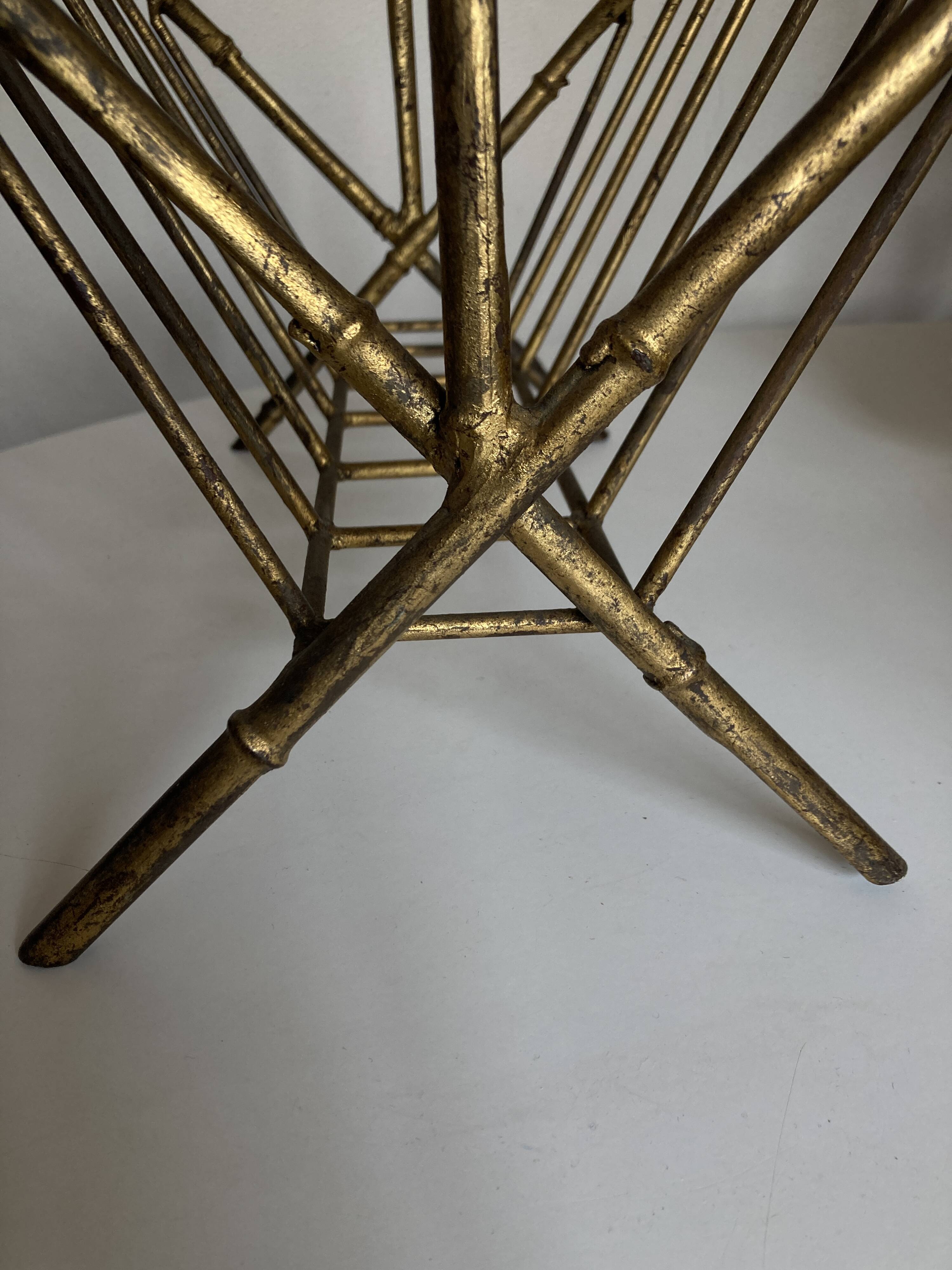 1960s magazine rack in gilded wrought iron, faux bamboo, Italian work