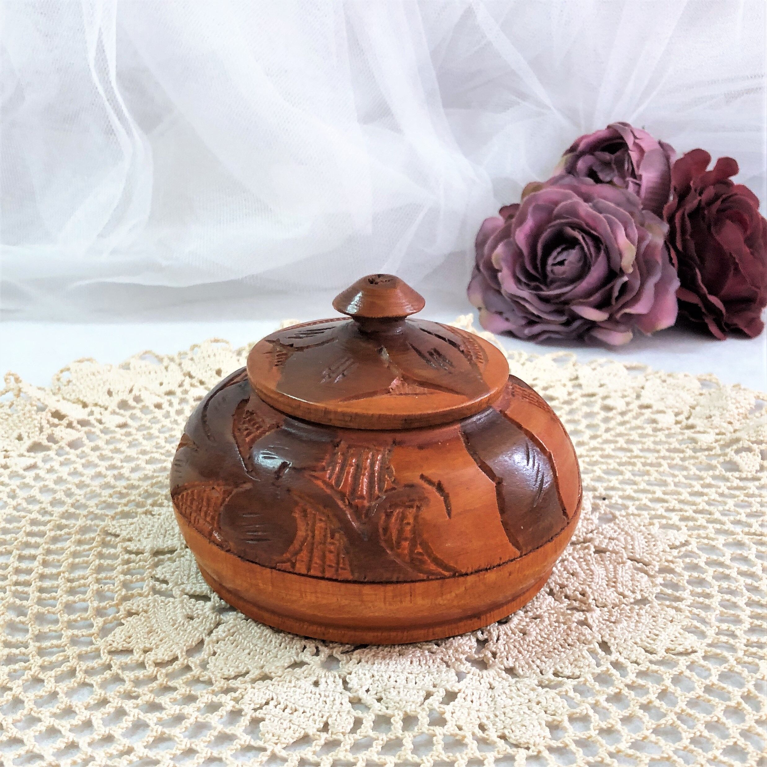 Handmade wooden box brown copper polychrome vintage