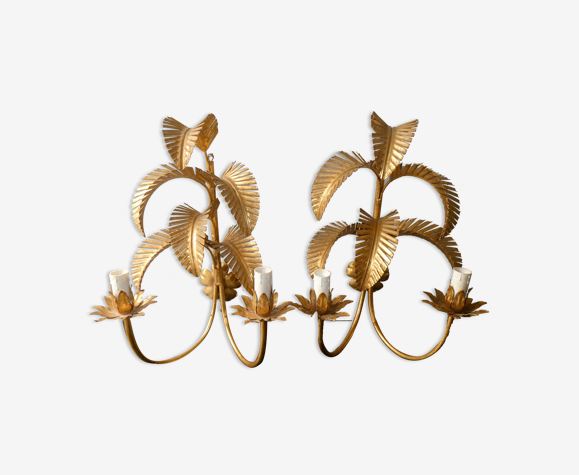 Paire d'appliques palmier en métal doré, années 70