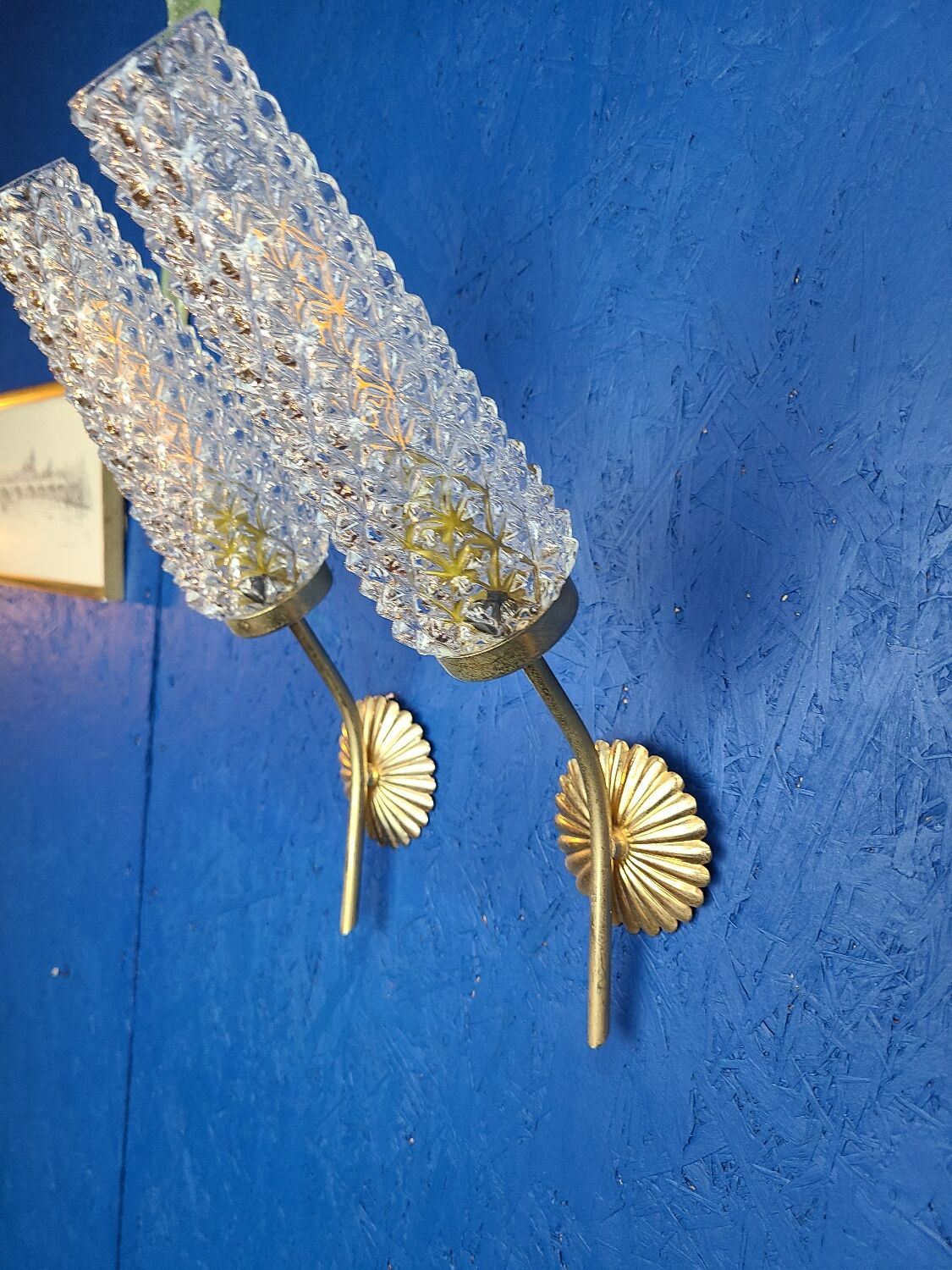 Pair of vintage 1970 glass and metal wall lights