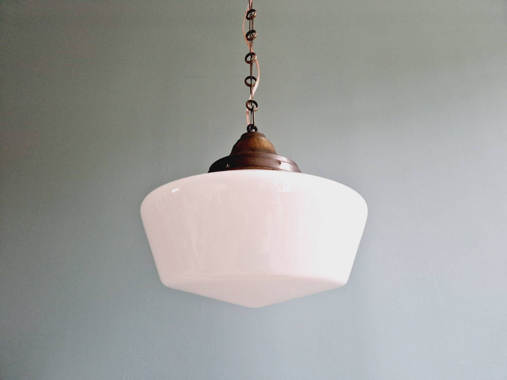 Large Art Deco pendant light in conical white opaline, 1920s-30s