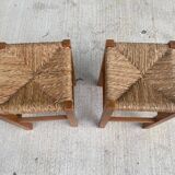 2 square stools in solid wood and straw