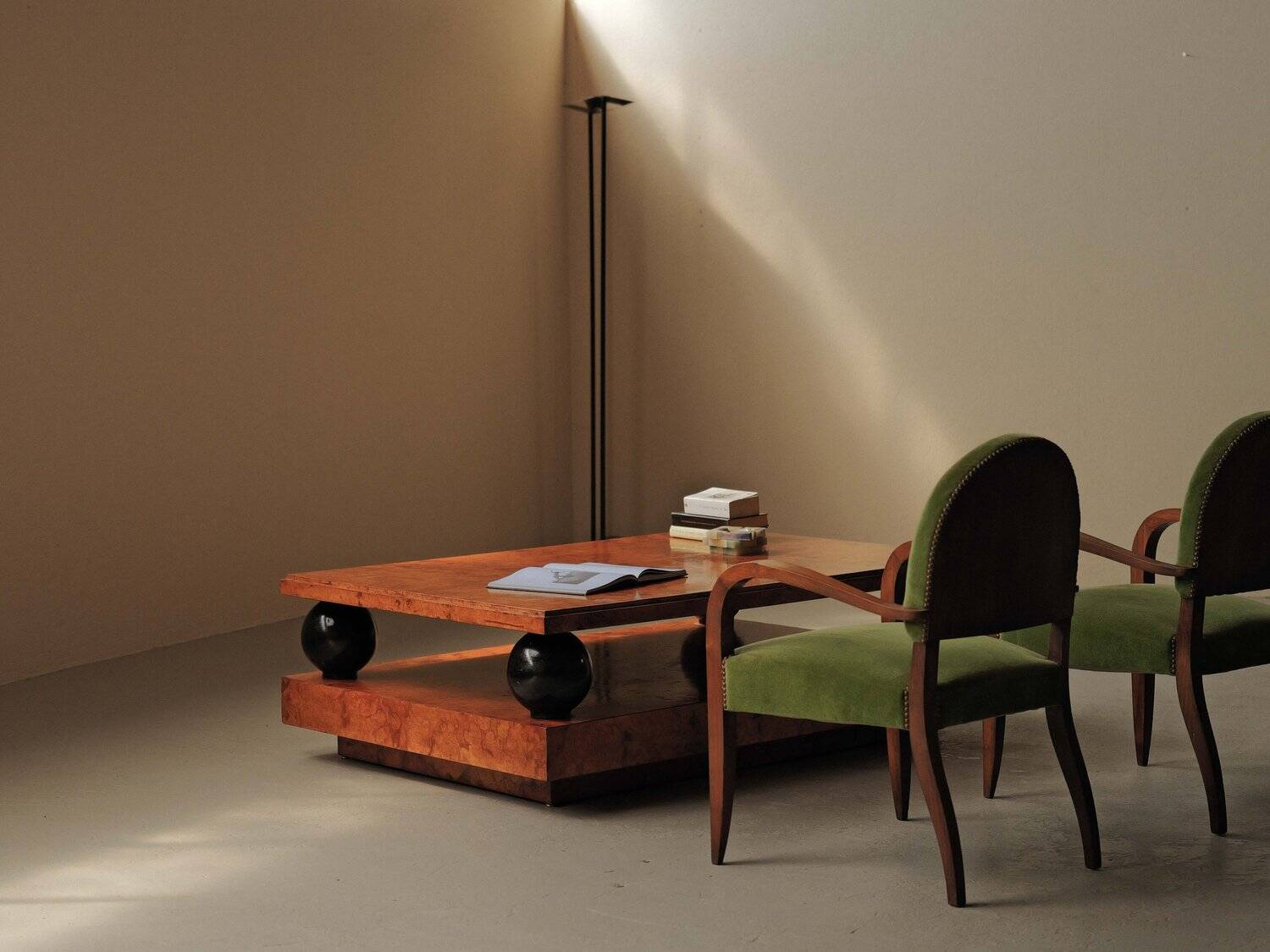 Large coffee table in elm burl, circa 1970.