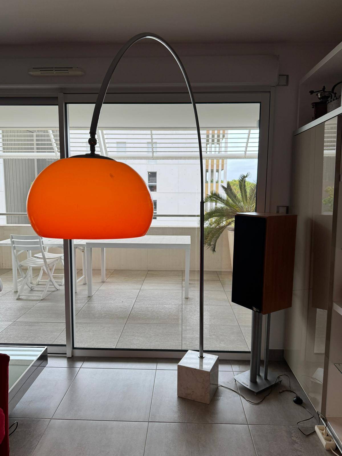 Vintage Space Age 1970 arc floor lamp, orange shade, marble base.