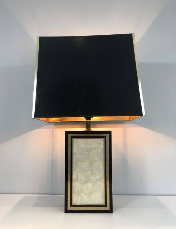 Large lamp in black lacquered wood, gilding and mother-of-pearl. French work. Circa 1970