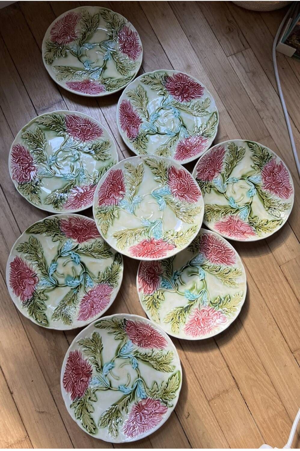 Rare Set of 16 Art Nouveau Chrysanthemum Barbotine Plates, Onnaing