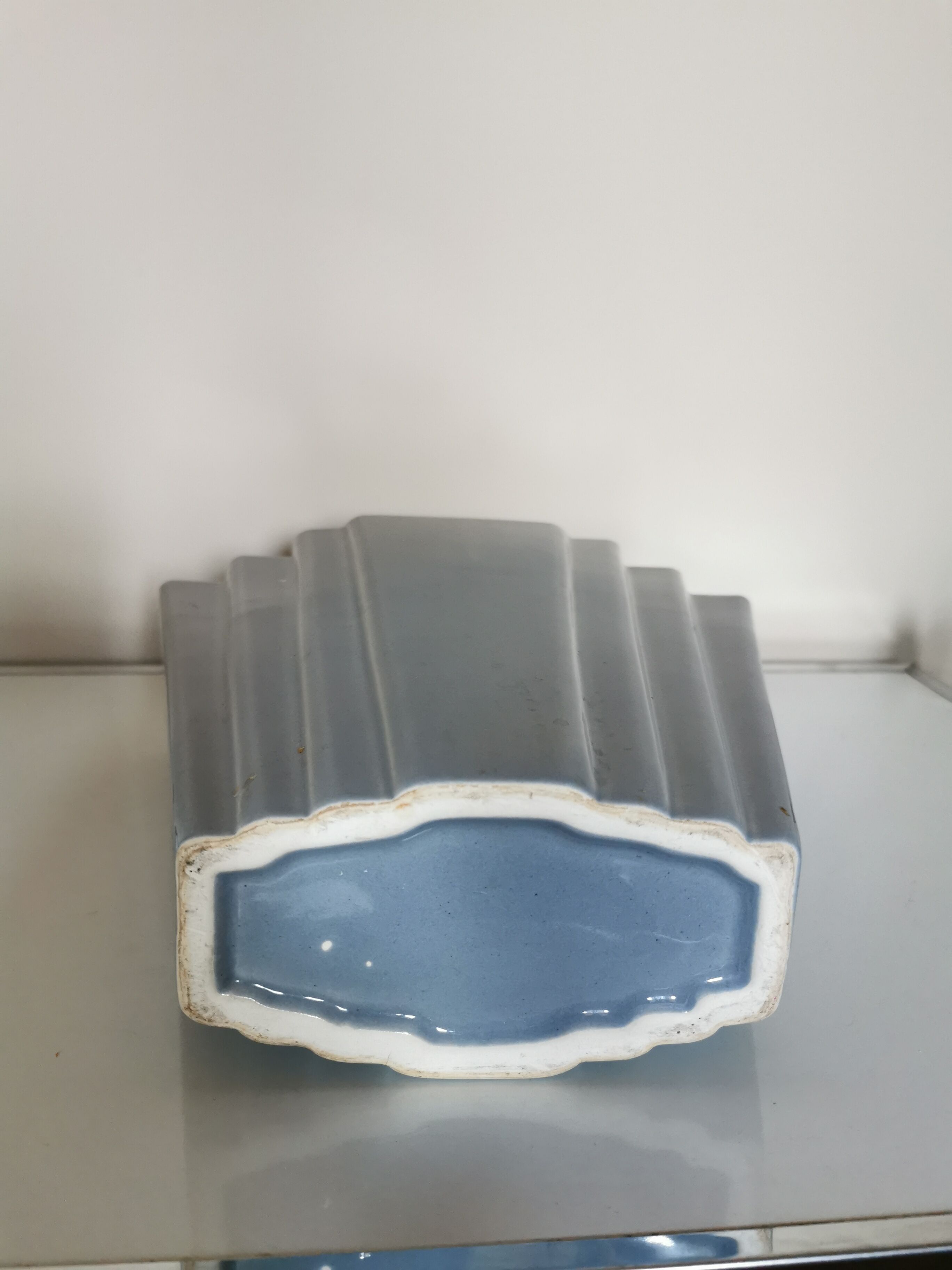 Grey ceramic art deco vase, fan shape.
