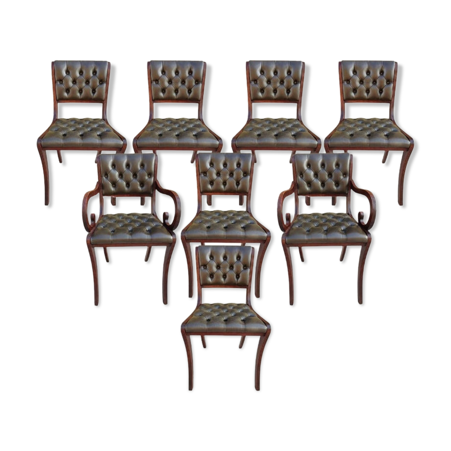 Set of 8 high-quality iconic green leather chesterfield dining chairs
