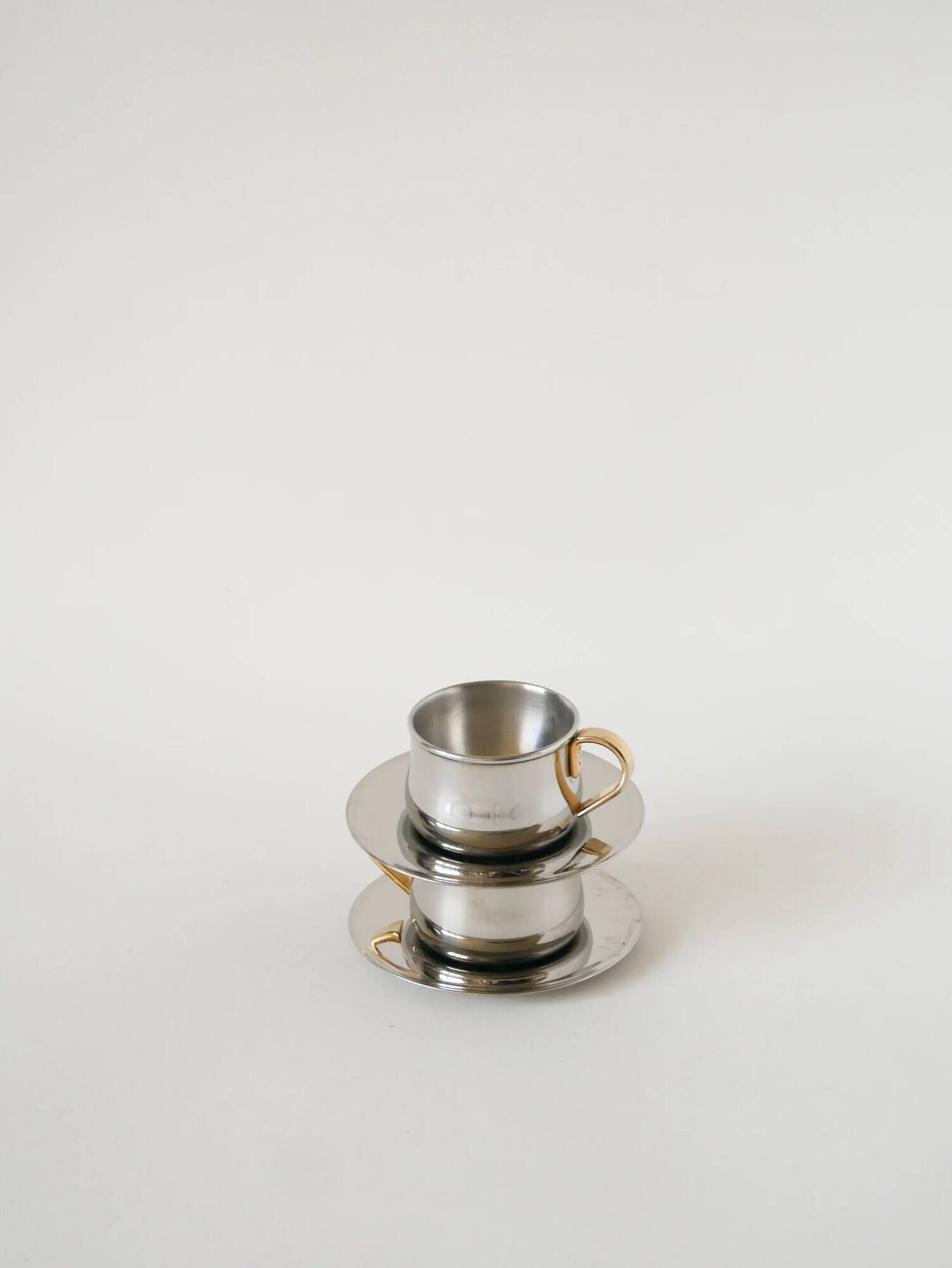 Set of double-walled stainless steel espresso cups made in Italy, 1970s design.