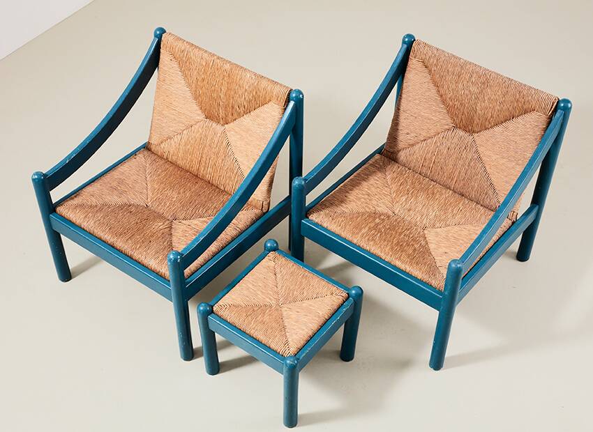 Vico Magistretti Pair of Carimate Lounge Chairs + Stool for Cassina Italy 1960s