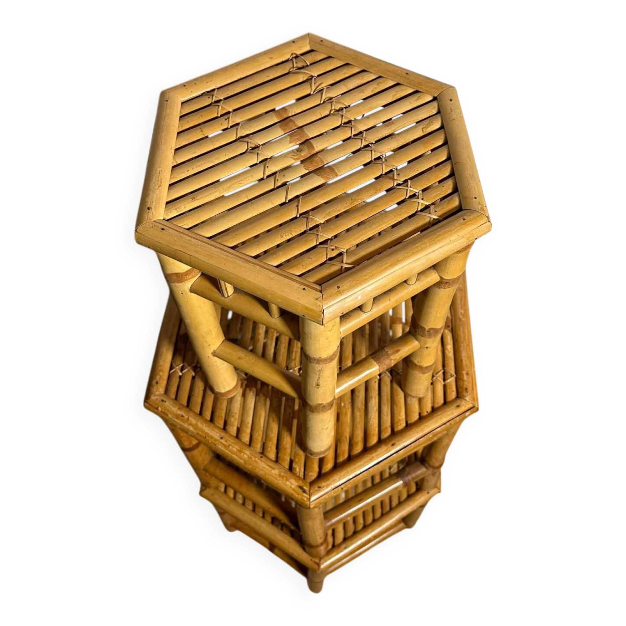 Vintage Boho Mid Century Bamboo Hexagonal Side Coffee Tables Flower Stools