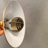 Copper hanging lamp with brass colored top and white inside lacquer.