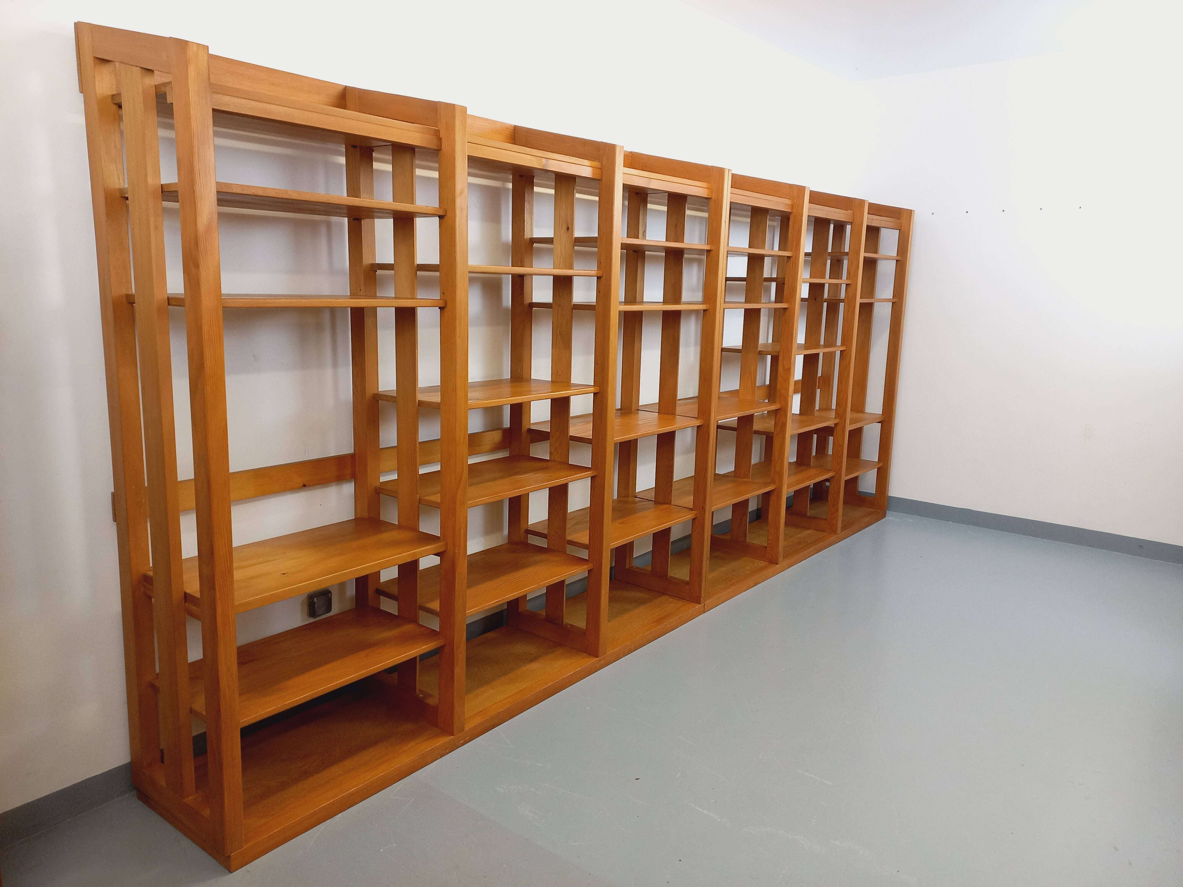 Large modular library of 6 parts with 30 vintage wooden shelves.