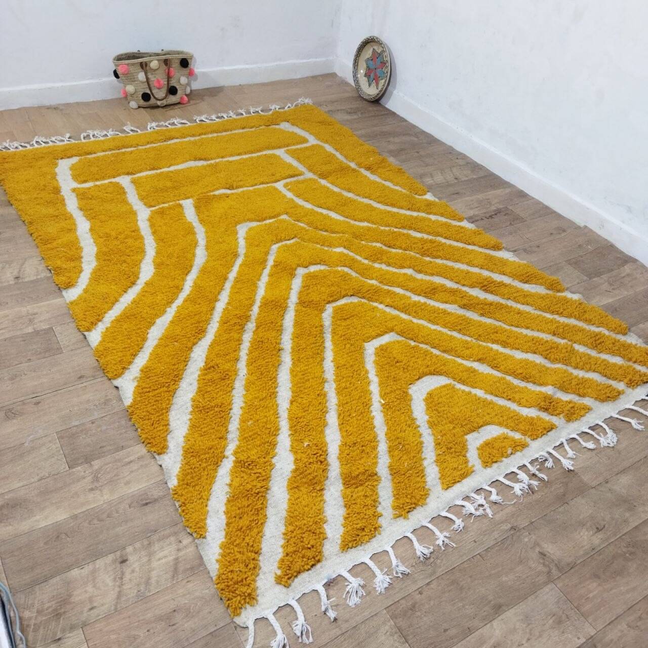 Large Moroccan Berber rug in mustard yellow and ecru, 293 x 200 cm.