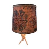 Rattan and bamboo lamp with printed fabric shade.