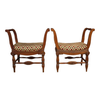 Pair of Italian benches Charles X era in walnut wood