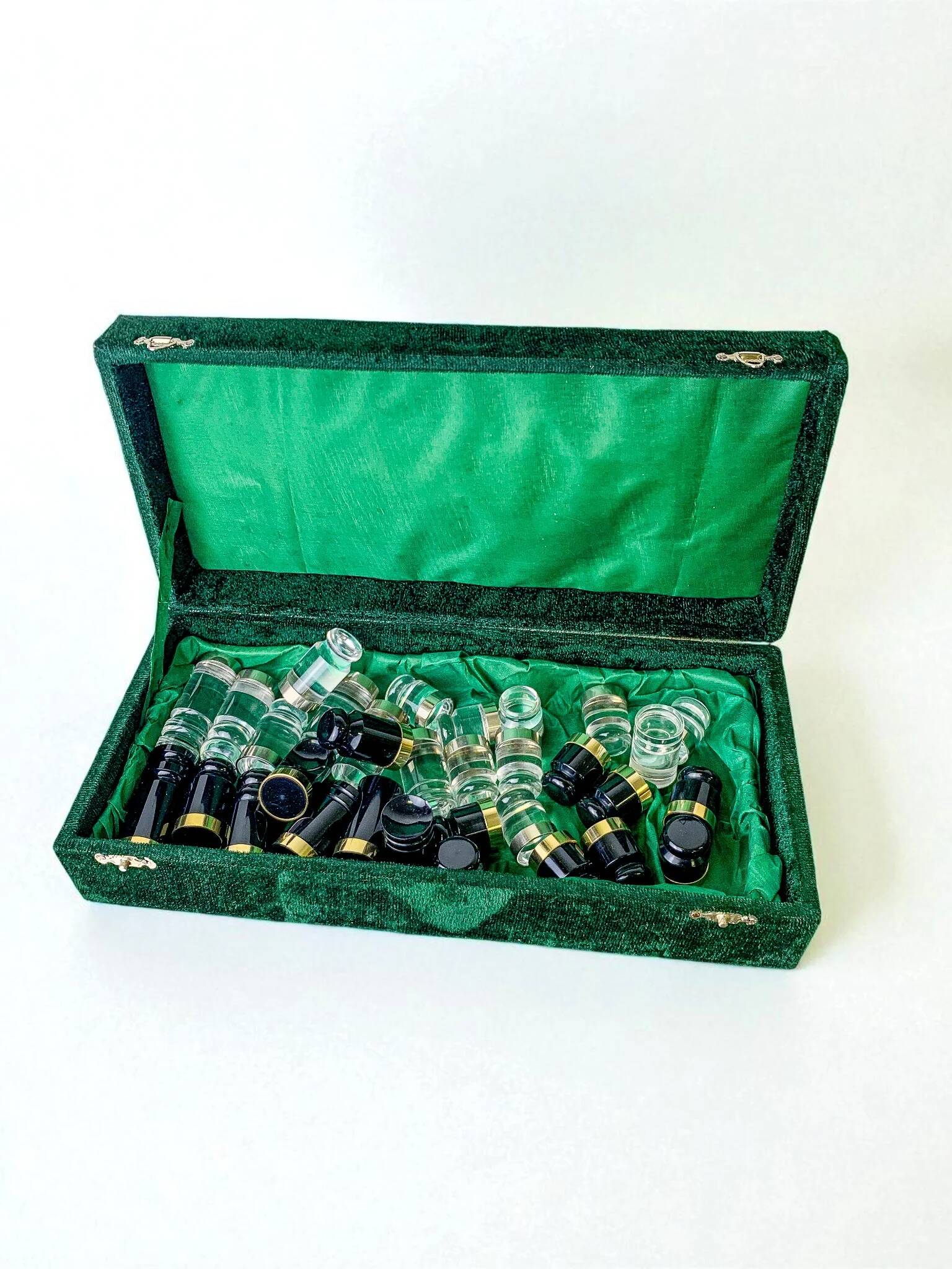 Acrylic & gilt brass chess set with marble board, Italy, 1970s