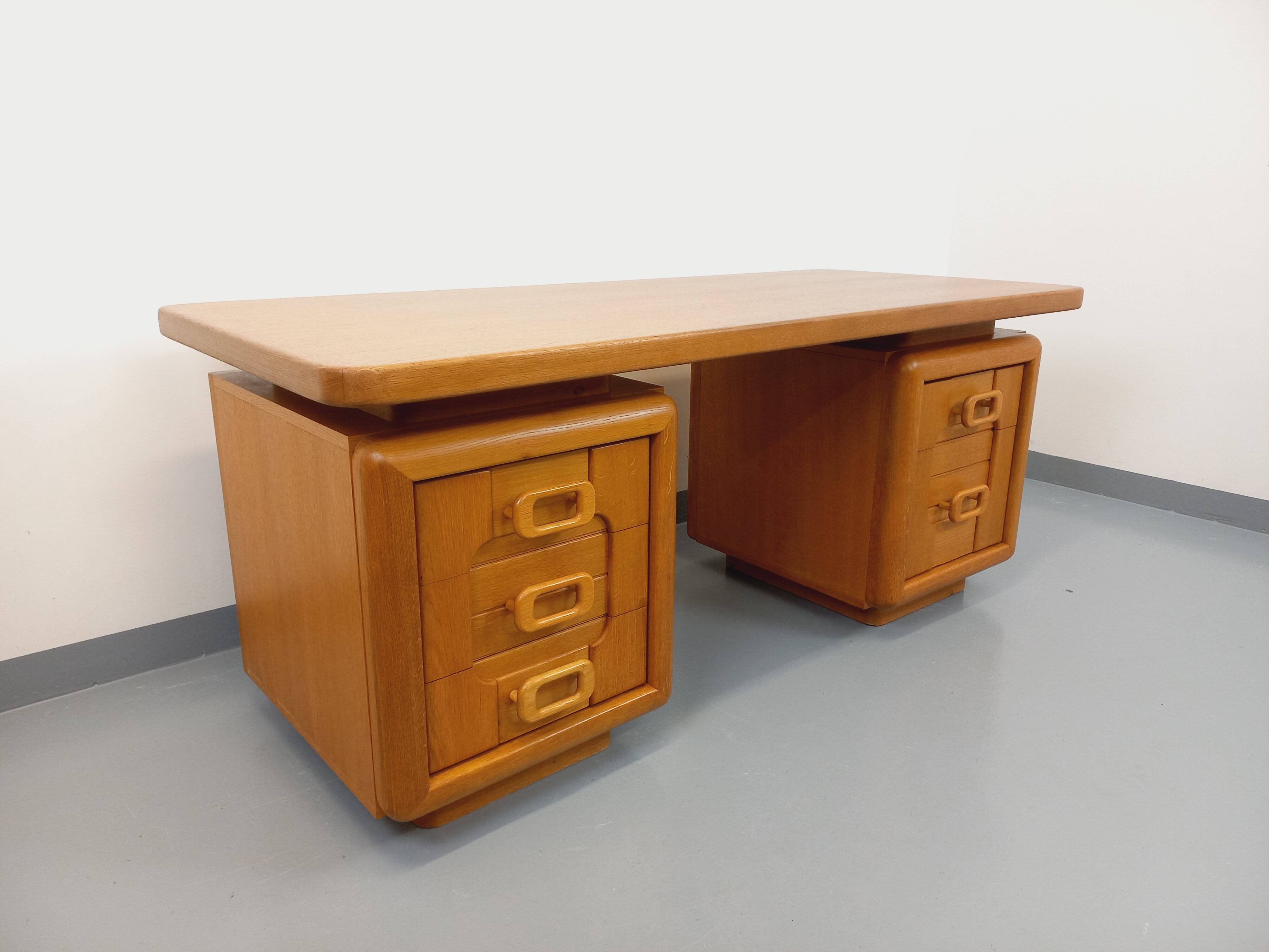 Large vintage double-sided executive desk in oak wood from the 70s