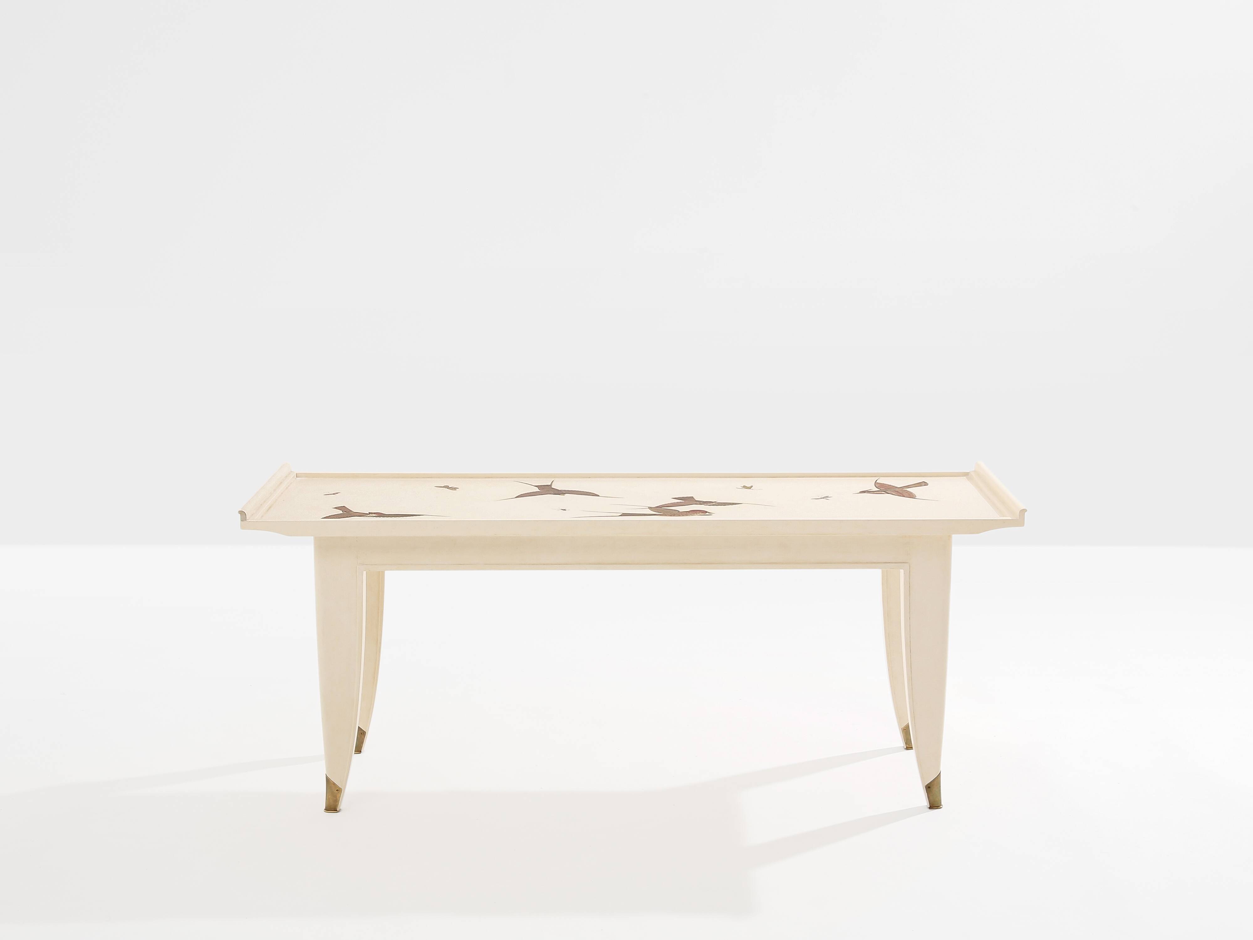 Maurice Jallot coffee table, painted oak with bird decorations, 1930.