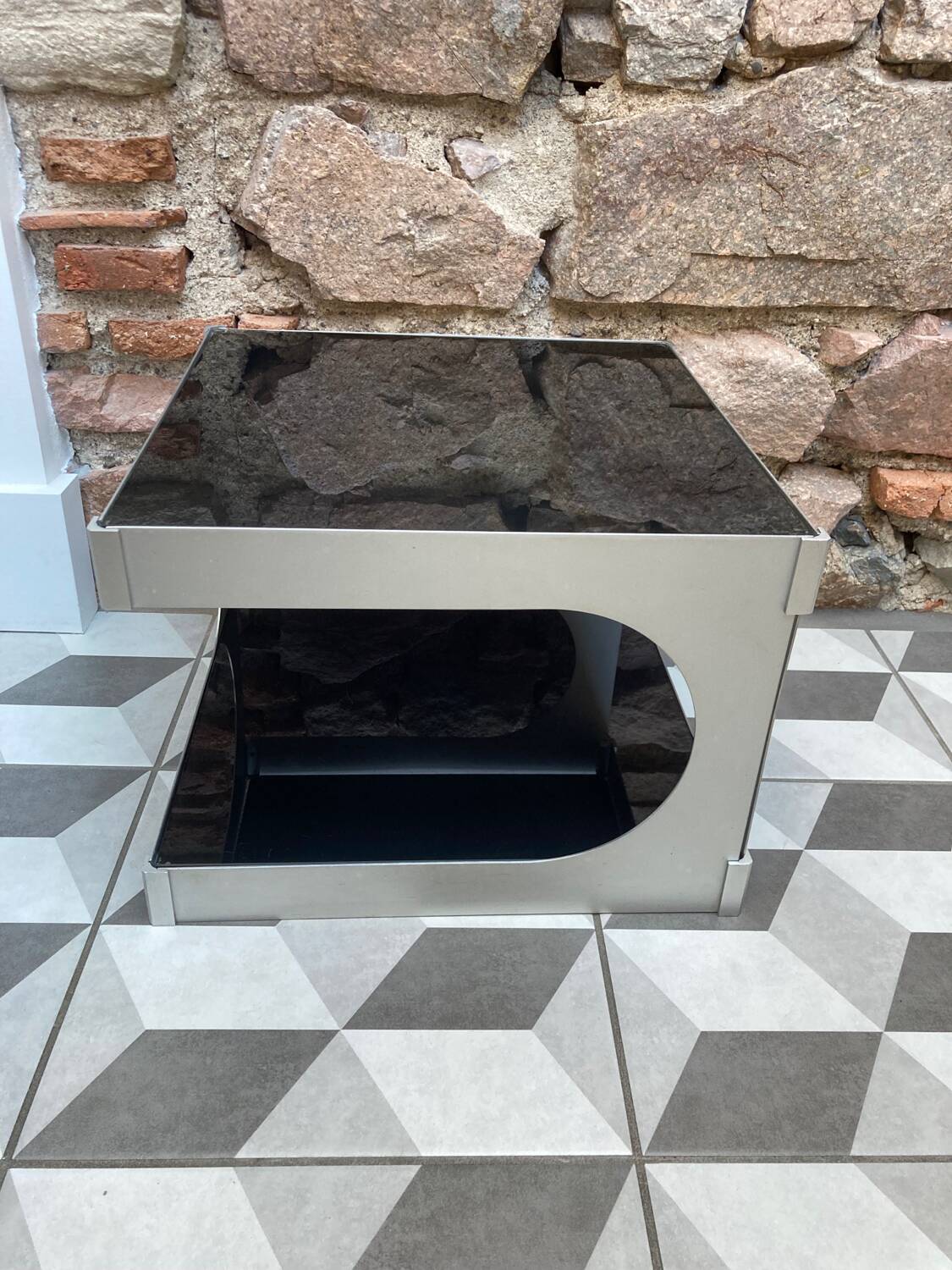70s aluminum and glass side table