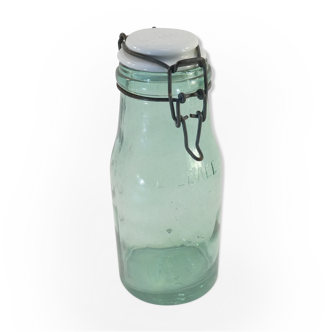 Old glass jar L'IDEALE faience lid